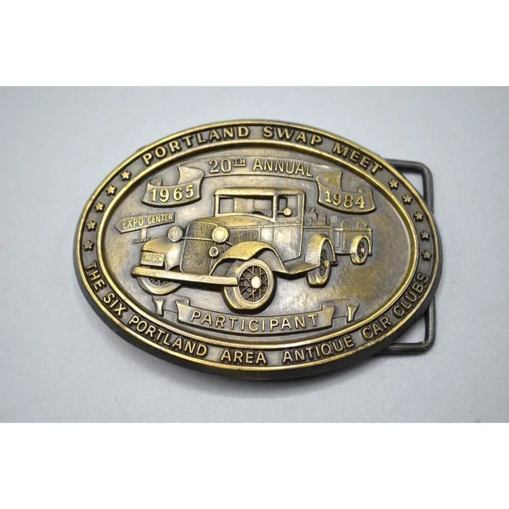 Portland Swap Meet Belt Buckle 1984 20th Annual Car Club VTG Oval Brass Tone